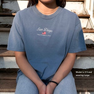 May include: A light blue t-shirt with the text "San Diego, California, USA" and a small embroidered American flag. The model is 5'3" and wearing a size Large.