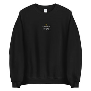 May include: Black sweatshirt with a white embroidered design that says "count it all joy" with a small yellow star above the text.