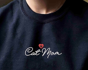 Embroidered Cat Mom Sweatshirt, Cat Lover Crewneck