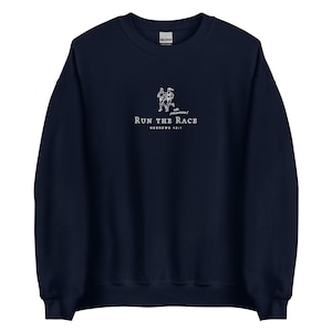 Run the Race | vintage Christian Sweatshirt embroidered, Bible Verse Crewneck, inspirational Religious Sweater gift, retro sport pullover
