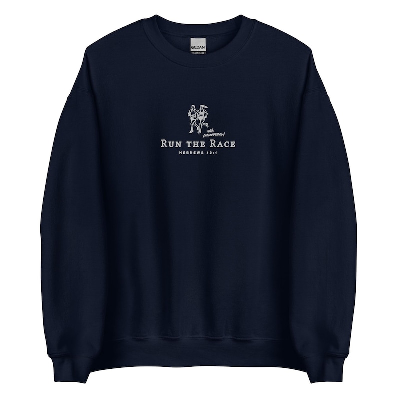 Run the Race | vintage Christian Sweatshirt embroidered, Bible Verse Crewneck, inspirational Religious Sweater gift, retro sport pullover