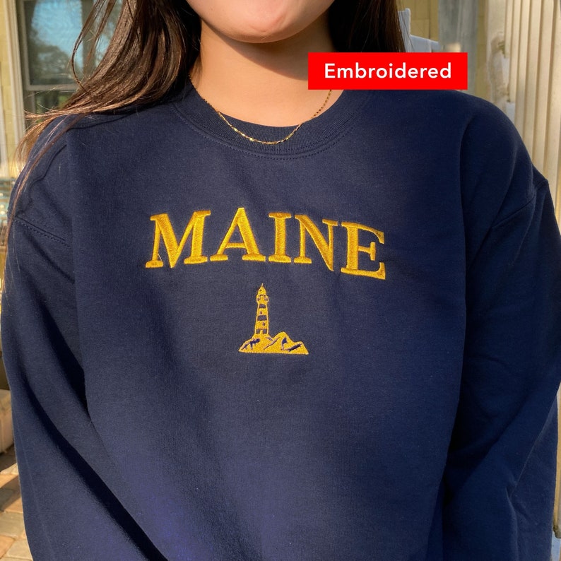 Maine Vintage Crewneck Sweatshirt Embroidered Lighthouse Etsy