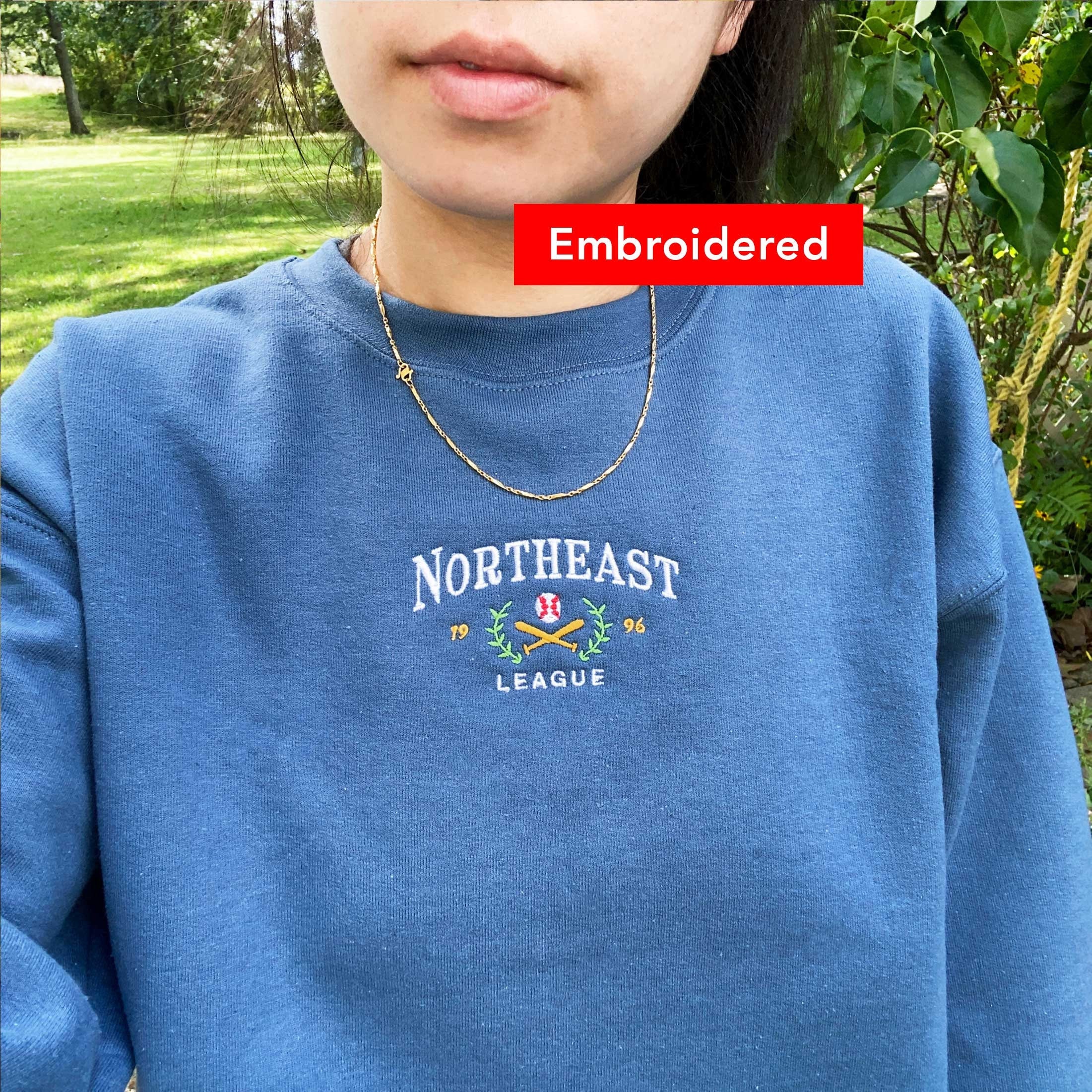 【GRAVER】23FW★ Baseball Blue Logo Embroidery Sweatshirt Baseball Sweatshirt Embroidered, Vintage Sporty Crewneck