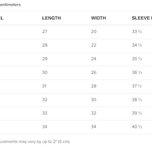 May include: A white chart with black text detailing clothing measurements in inches and centimeters. The chart includes size labels (S to 5XL), length, width, and sleeve length measurements. Product measurements may vary by up to 2 inches.