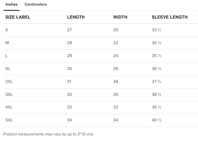 May include: A white chart with black text detailing clothing measurements in inches and centimeters. The chart includes size labels (S to 5XL), length, width, and sleeve length measurements. Product measurements may vary by up to 2 inches.