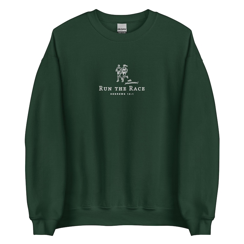 Run the Race | vintage Christian Sweatshirt embroidered, Bible Verse Crewneck, inspirational Religious Sweater gift, retro sport pullover