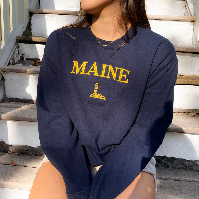 Maine Vintage Crewneck Sweatshirt Embroidered Lighthouse Etsy