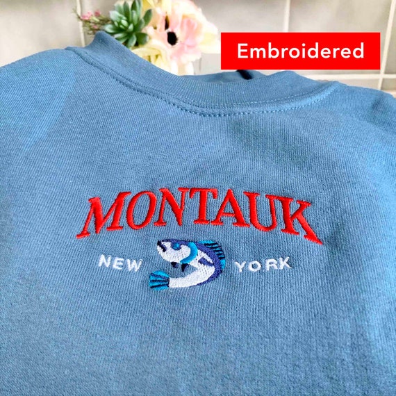 Montauk Sweatshirt Fishing Crewneck Retro Graphic Embroidered