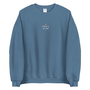May include: A blue sweatshirt with the text "count it all joy" embroidered on the front. A small yellow star is above the text.