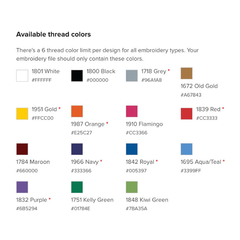 May include: A chart showing 15 different thread colors with their corresponding hex codes. The colors include white, black, grey, old gold, gold, orange, maroon, navy, flamingo, red, royal blue, aqua teal, purple, kelly green, and kiwi green.