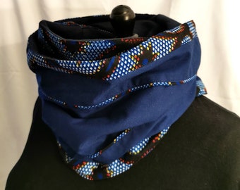 Snood scarf, African Wax print neck warmer and plain navy blue cotton fabric - blue fleece interior / neck warmer / tube scarf