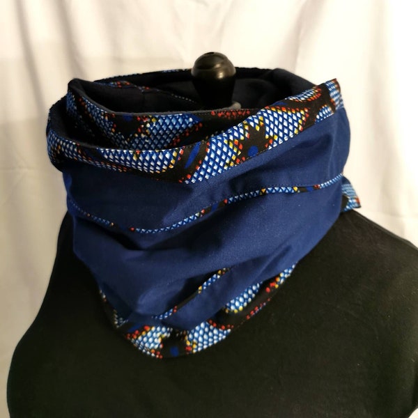 Écharpe Snood, tour de cou imprimé Wax africain et tissu coton uni bleu marine - intérieur polaire bleu / cache cou / écharpe tube