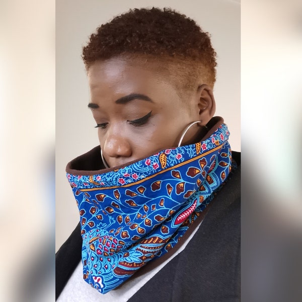 Écharpe Snood imprimé Batik Indonésien bleu marron et jaune - intérieur polaire marron / écharpe tube / snood polaire / tour de cou