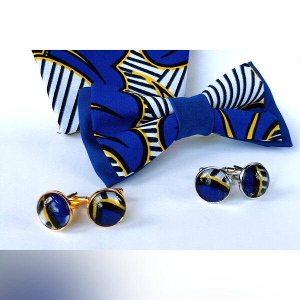 Cufflinks (pair) - Gold or Silver color - African Wax fabric Wedding Flowers, blue and white - Groom costume accessory