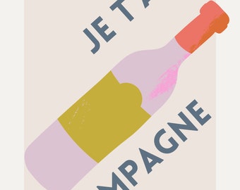 Je T'Aime Champagne Art|  Wall Art |Champagne Toast | Minimalist Art| Wall Decor | Digital Print