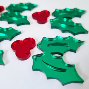 12 pcs 37mm Laser Cut RED & GREEN MIRROR Holly Acrylic Dangles, with toppers