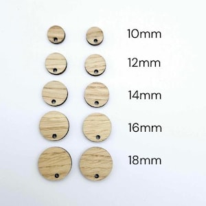 oak wood veneer DIY earrings toppers shown in sizes from 10mm to 18mm
