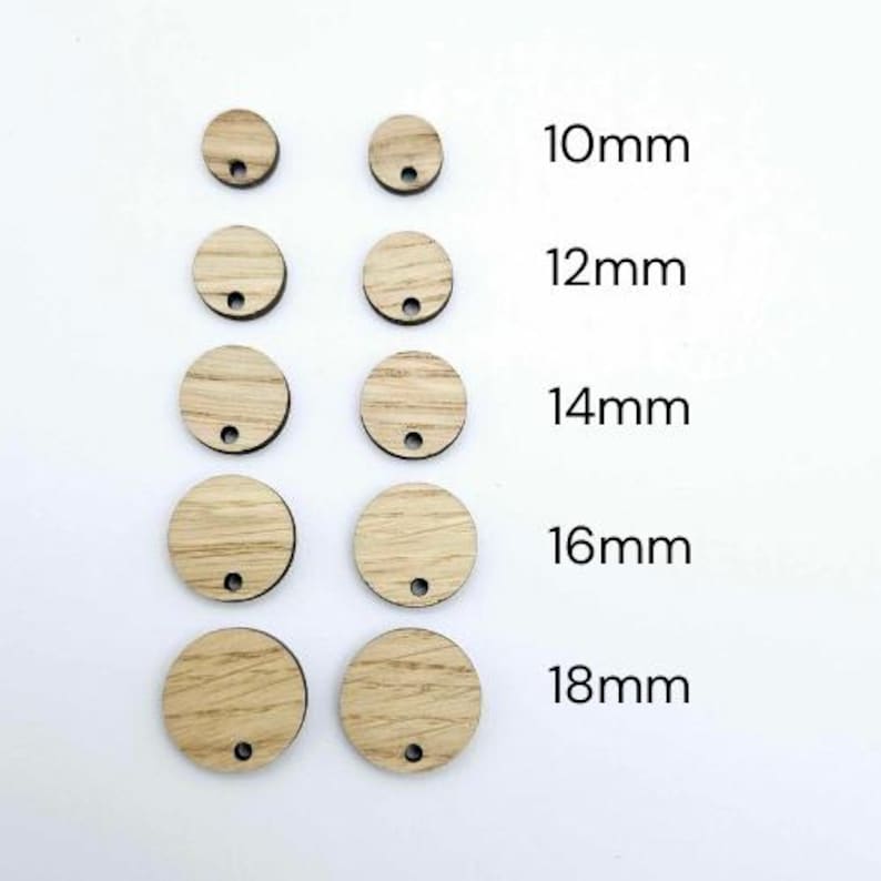oak wood veneer DIY earrings toppers shown in sizes from 10mm to 18mm