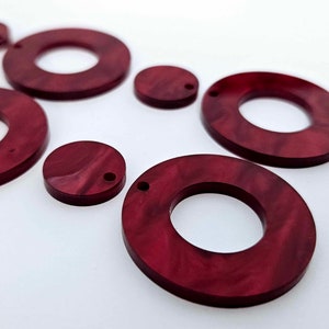 6 pcs 33mm Laser Cut DEEP RED MARBLE Mini Hoop Acrylic Dangles, with toppers
