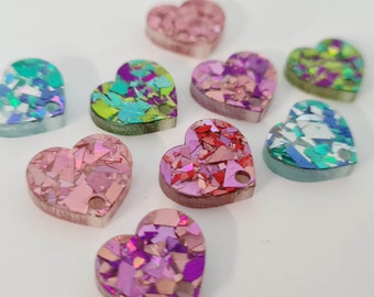 20 pcs 14mm Laser Cut CHUNKY GLITTER Acrylic HEARTS Mixed Pack with or without 2mm hole