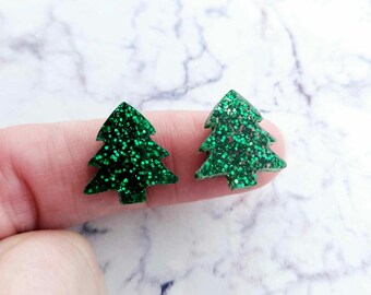10 pcs 16mm Laser Cut GREEN GLITTER Acrylic Christmas TREES