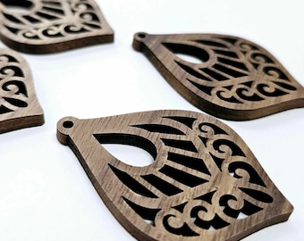 6 pcs) 50mm Laser Cut WALNUT Veneer FILIGREE TEARDROPS