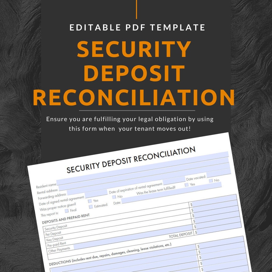 Tenant Security Deposit Reconciliation instant Download Editable PDF