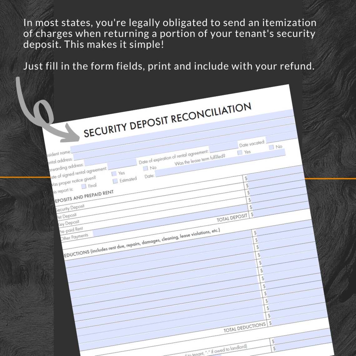 Tenant Security Deposit Reconciliation instant Download Editable PDF