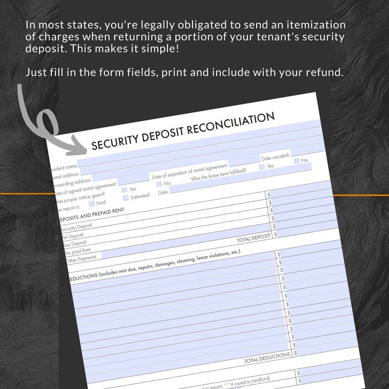 Tenant Security Deposit Reconciliation instant Download Editable PDF