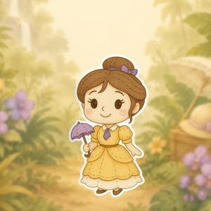 May include: A sticker illustration of a cartoon character with brown hair in a bun, wearing a yellow dress with a white collar and a purple necktie. The character holds a small purple umbrella and has a white outline, set against a soft background.