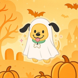 May include: A cartoon illustration of a yellow dog dressed as a ghost for Halloween. The dog wears a white sheet with a bone-shaped tag. The background is orange with pumpkins, bats, a spooky tree, and a castle.