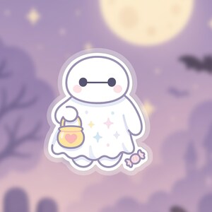 May include: A white cartoon character dressed as a ghost, holding a yellow trick-or-treat bucket with a heart. The character has black eyes and a horizontal line for a mouth. The background is a purple gradient with a full moon, stars, and a bat.
