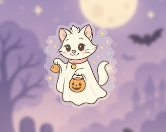 Ghost Cat Halloween Sticker – Cute White Kitty in Costume – Duchess-Inspired Fall Vinyl – Trick or Treat Kawaii Sticker