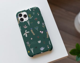 May include: A green phone case with a colourful floral pattern. The case has a cutout for the camera lens.