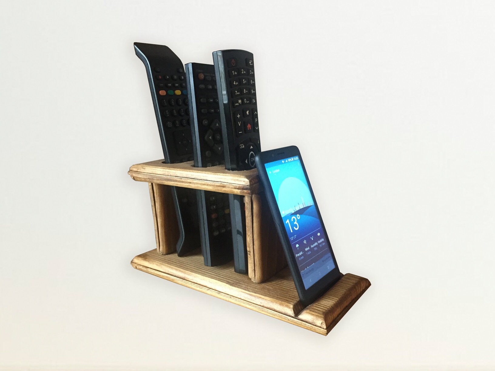 Wooden Remote Control Holder & Phone Stand - Etsy UK