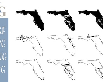 May include: Black and white outline of the state of Florida with the word "home" written in cursive inside the state. The outline is repeated six times, with three outlines in black and three outlines in white.