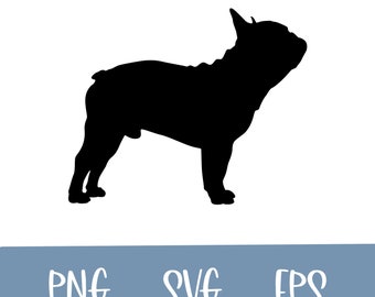 Puede incluir: Silueta negra de un Bulldog Francés de pie sobre un fondo blanco. El perro está mirando hacia la derecha y tiene las orejas levantadas.