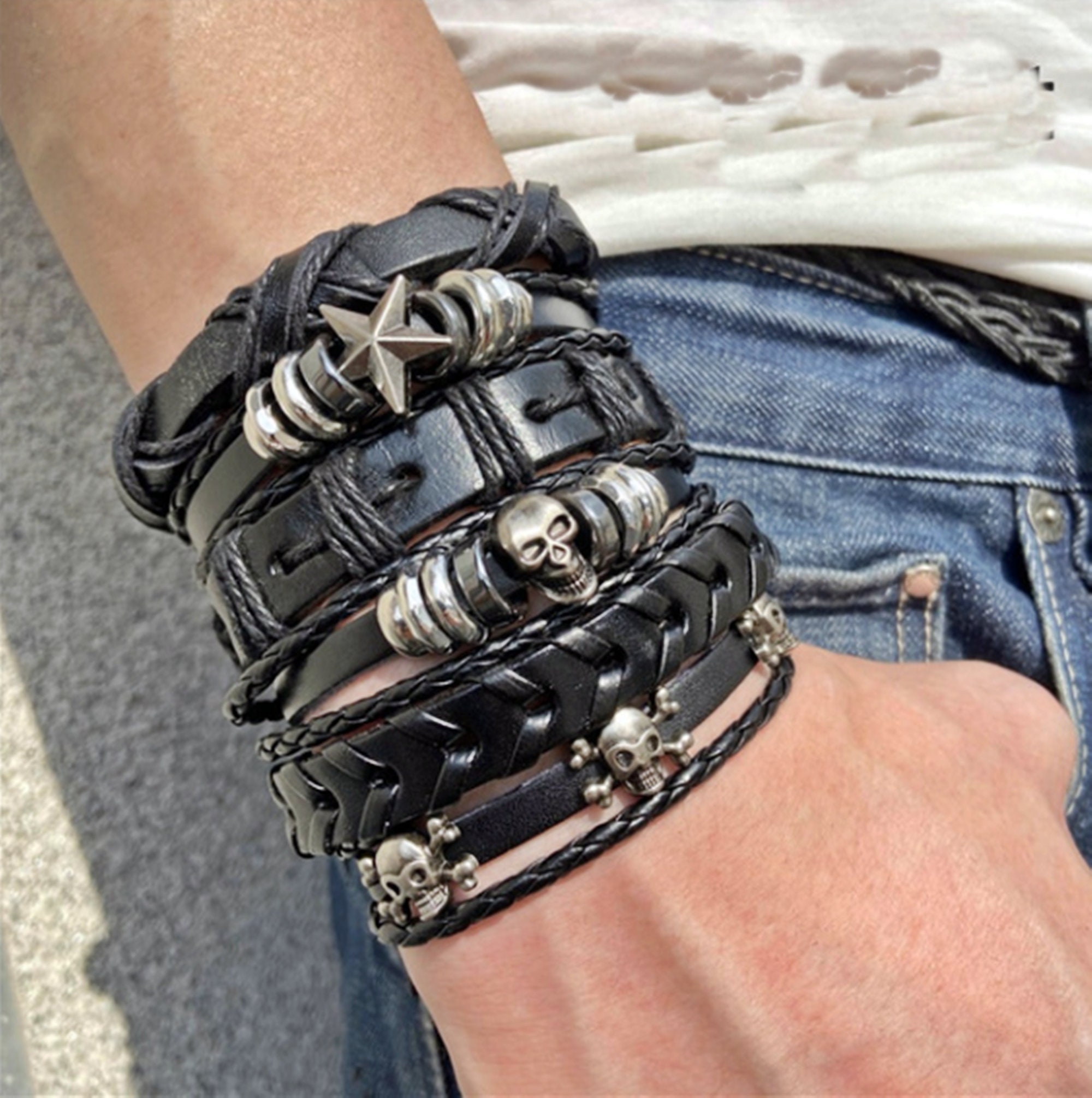 6pcs/set Fashionable Pu Leather Men's Bracelet Jewelry