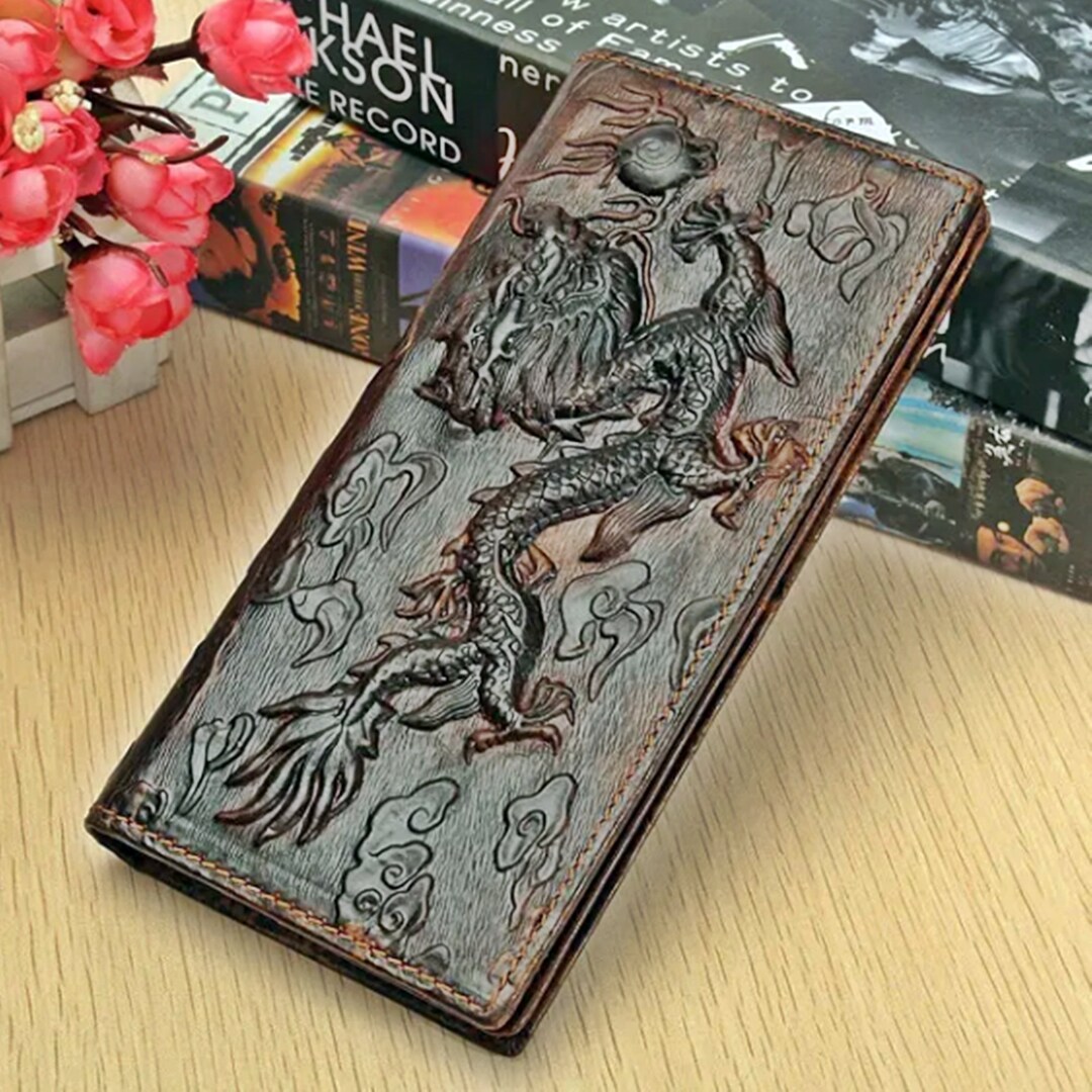 Leather Long Wallet, Dragon Wallet, Embossed Wallet, Carved Dragon