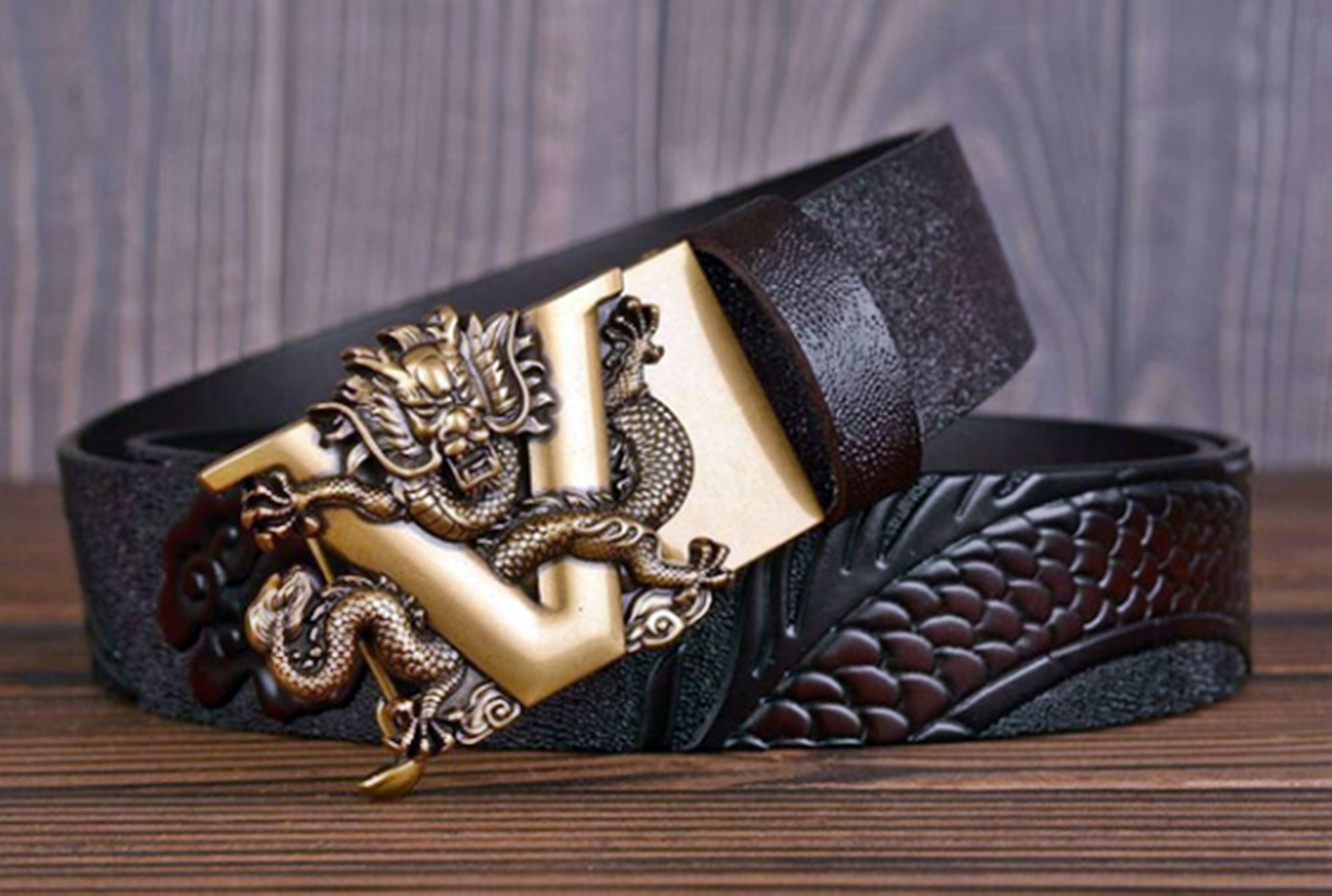 Genuine Leather Men Belt Designer Dragon V Buckle Cowboy Luxury