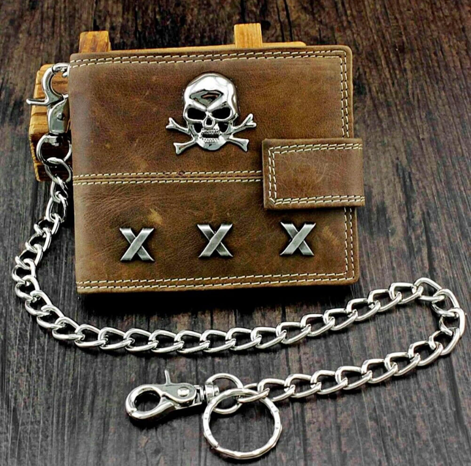 Skull Cross Black Leather Wallet With Chain – Skull Quest