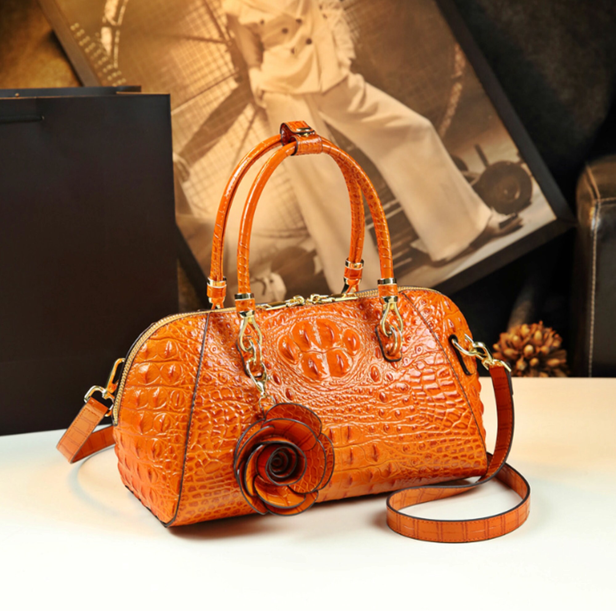 Emg6543 Luxury Leather Crocodile Handbag Logo Cowhide Luxury