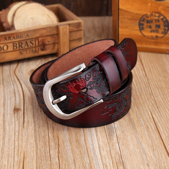 Handmade Leather Tooled Chinese Dragon Mens Belt Custom Cool Leather M