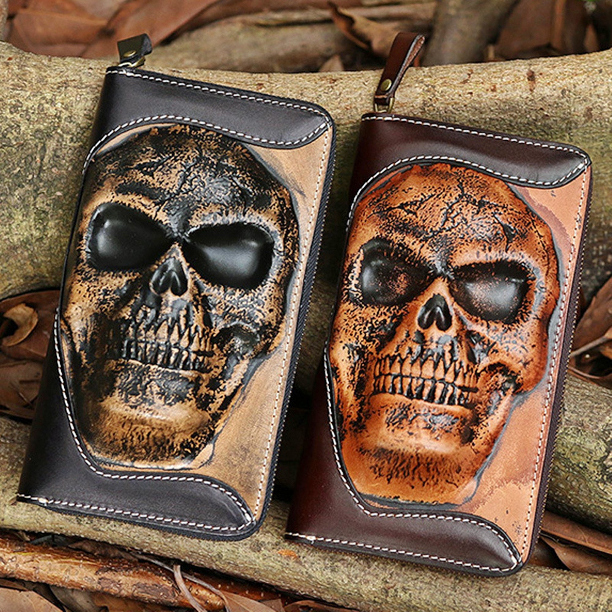 Handmade Leather Tooled Skull Mens Chain Biker Wallet Cool Leather Wal –  iChainWallets