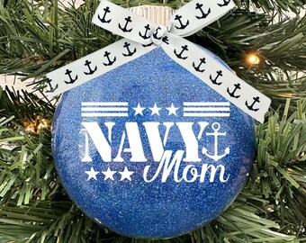 Mom Proud Military Parent Mother Patriotic Anchor Ocean America USA Glass Disc Blue Glitter Christmas Holiday Tree Ornament with Bow