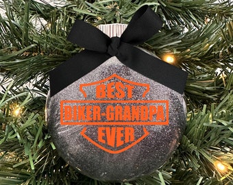 Best Biker Grandpa Ever Motorcycle #1 Cool Grandfather Grandparent Papa Glass Disc Black Glitter Christmas Holiday Tree Ornament with Bow