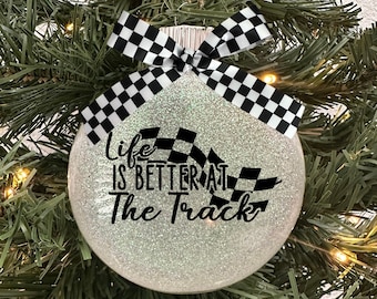 Life Is Better At The Track Racing Race Cars #1 Fan Racetrack Supporter Glass Disc White Glitter Christmas Holiday Tree Ornament with Bow