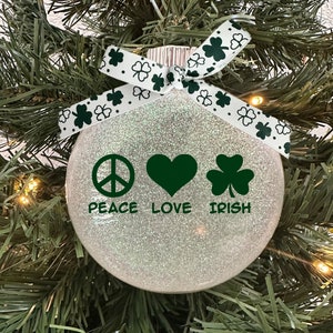 Peace Love Irish Lucky Four Leaf Clover Heart Symbol Luck Pinch Me I am Irish Glass Disc Glitter Christmas Holiday Tree Ornament with Bow
