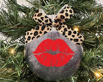 Red Lips Kiss Kisses Lipstick Makeup Woman Lady Leopard Print Black Glitter Glass Disc Round Christmas Holiday Tree Ornament with Bow
