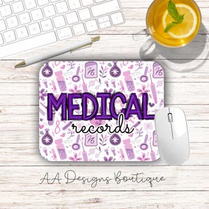 May include: A rectangular mouse pad featuring a repeating pattern of purple and light pink medical icons, including syringes, vials, and flowers. The text MEDICAL records is printed in the center in bold purple and black script lettering.